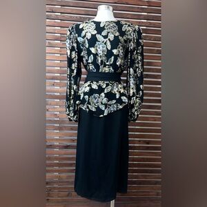 Vintage 1980s Patra Black & Gold Metallic Long Sleeve Peplum Dress w/ Belt